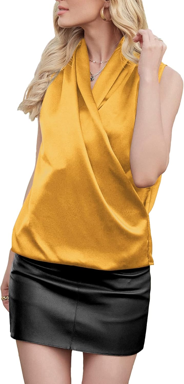 LYANER Women's Elegant Satin Wrap V Neck Sleeveless Tank Blouse Tee Top - Image 4