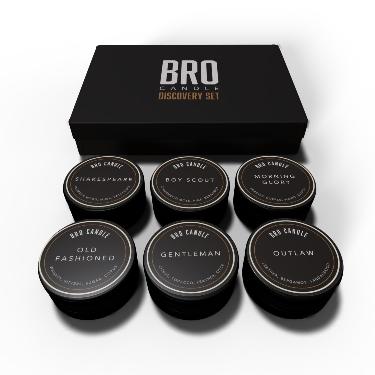 Bro Candle Men's The Discovery Set Mini Candles For - By - Natural Scented Soy Wax Candles Multi Pack | Scent - Six Signature Scents | Birthday Gift For | 10 Hour Burn Time Per Candle