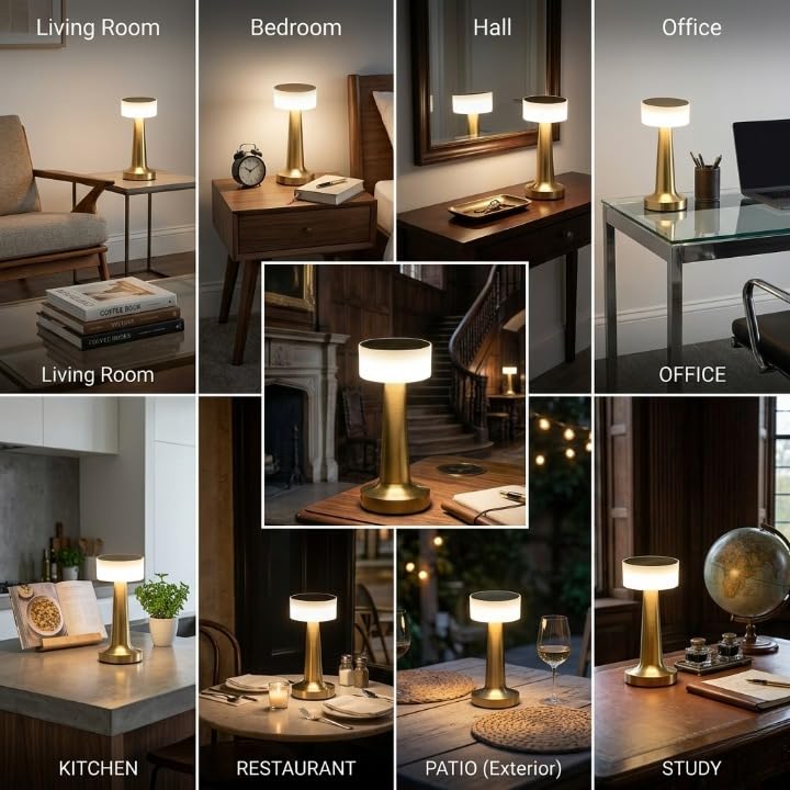 Image of Table Lamp | 2000mAh Battery | Home Decor, Lamps for Bedroom, Lamp for Living Room, Stepless Dimming, 3 Colour Touch Control, USB-c Charging (Metal - Gold)