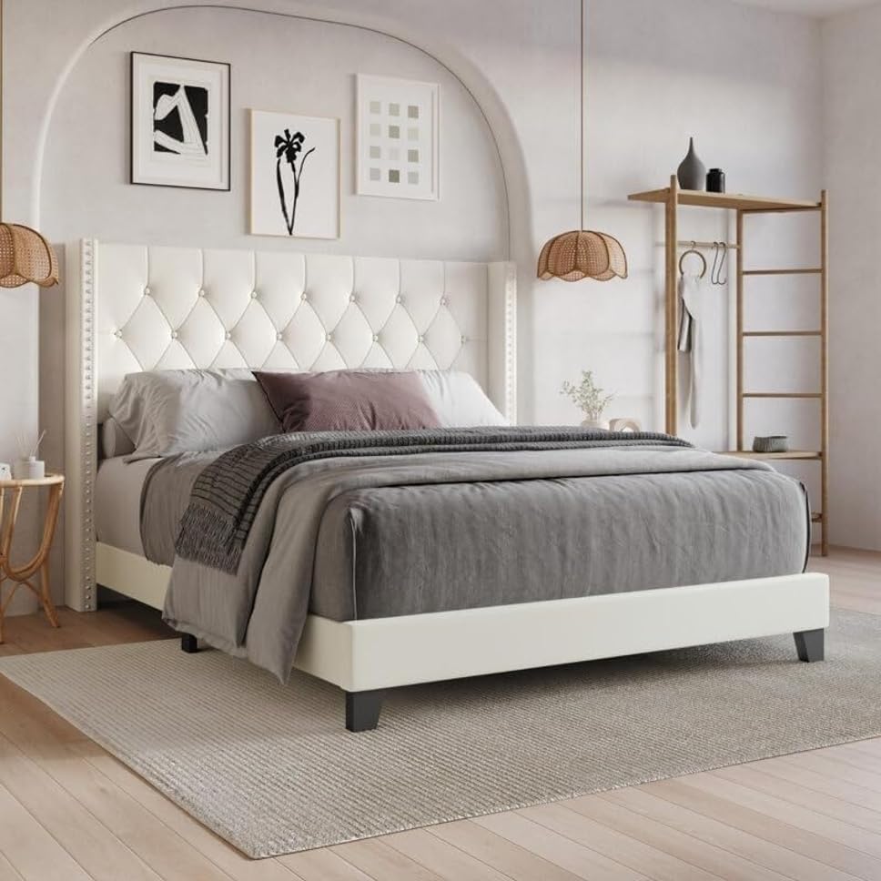 Image of Wooden Modern Upholstered Queen Size Bed for Bedroom | Wooden Double Bed Without Storage | Platform Cot Upholstered Bed with Upholstery Fabric | Engineered Wood | 6.5 x 5 Ft | White Cassius