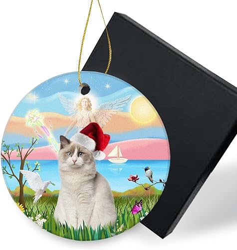 Divertido adorno de Navidad 2023-Angel Loving a Ragdoll Gatos con sombrero de Papá Noel de Navidad, regalo de vacaciones, adorno redondo para árbol