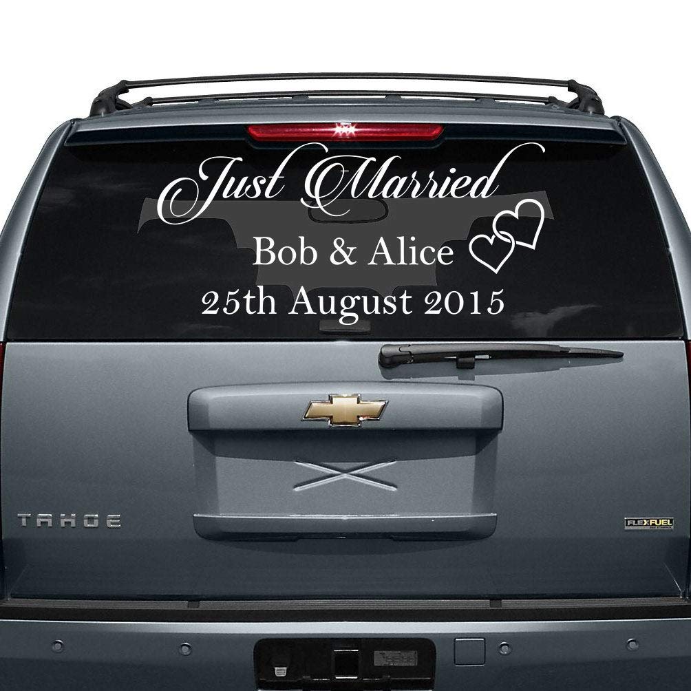 Juste marié Voiture Vinyle Mariage Autocollant nom personnalisé Jour fenêtre Verre personnalisé véhicule Sticker Calligraphie Amovible Blanc Cadeau de Mariage