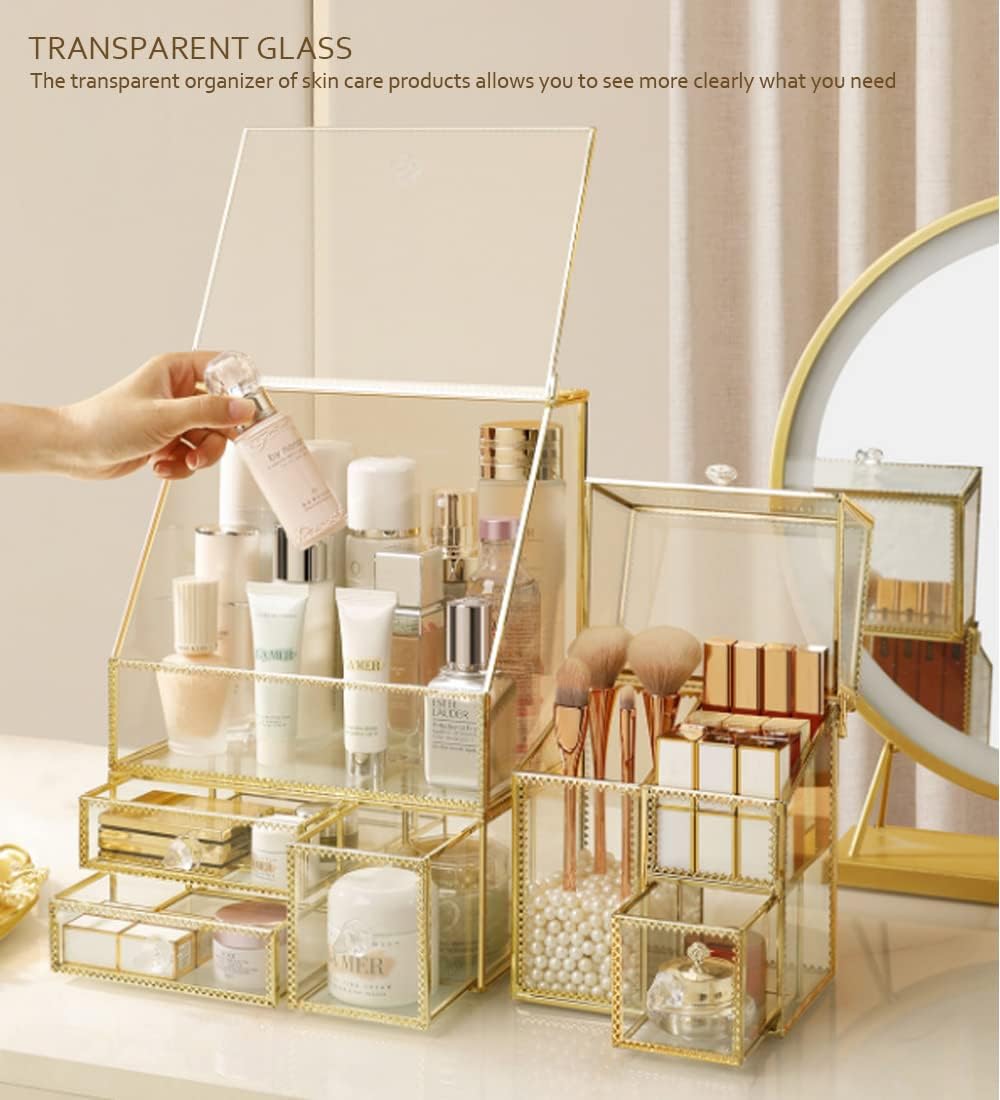 YUEHUA Makeup Organizer Glass Bathroom Countertop Vanity Cosmetic Organizer for Brushes Lipsticks Skincare