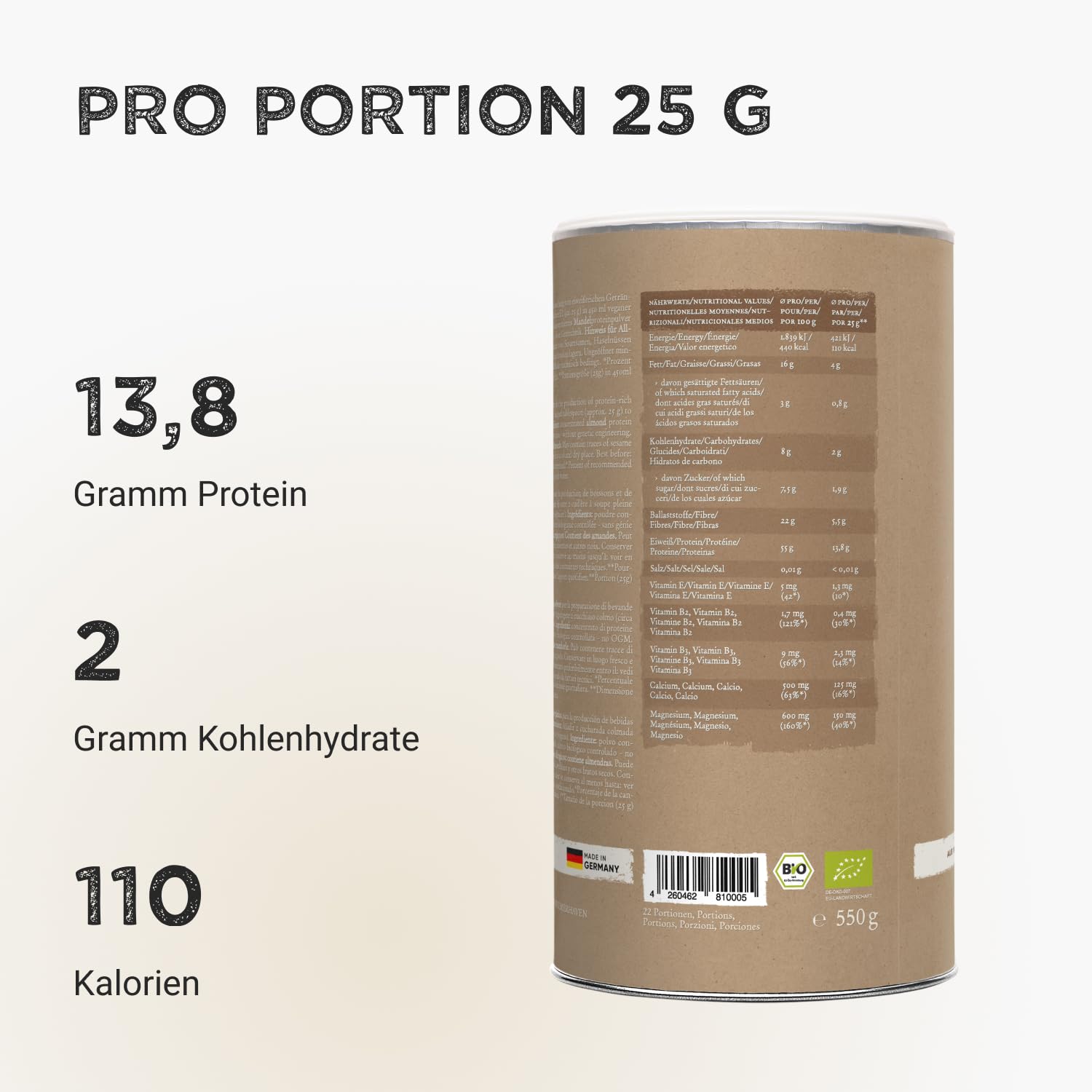 HARVEST REPUBLIC Veganes Proteinpulver Natur | 550 g Protein Pulver auf Mandelbasis | bis zu 13,8 g Protein pro Portion | Geschmacksneutral | ohne Zusatzstoffe
