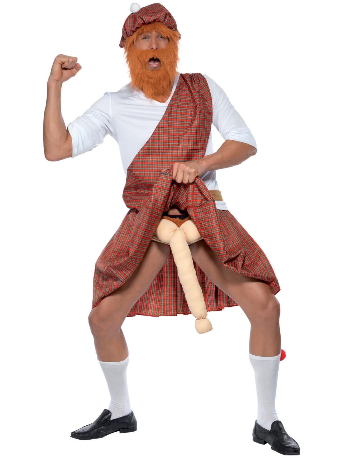 Smiffys Well Hung Highlander Costume, Red Hat, Beard, Top, Sash, Kilt, Sporran, Socks & Endo, Funny Fancy Dress, Comedy Dress Up Costumes