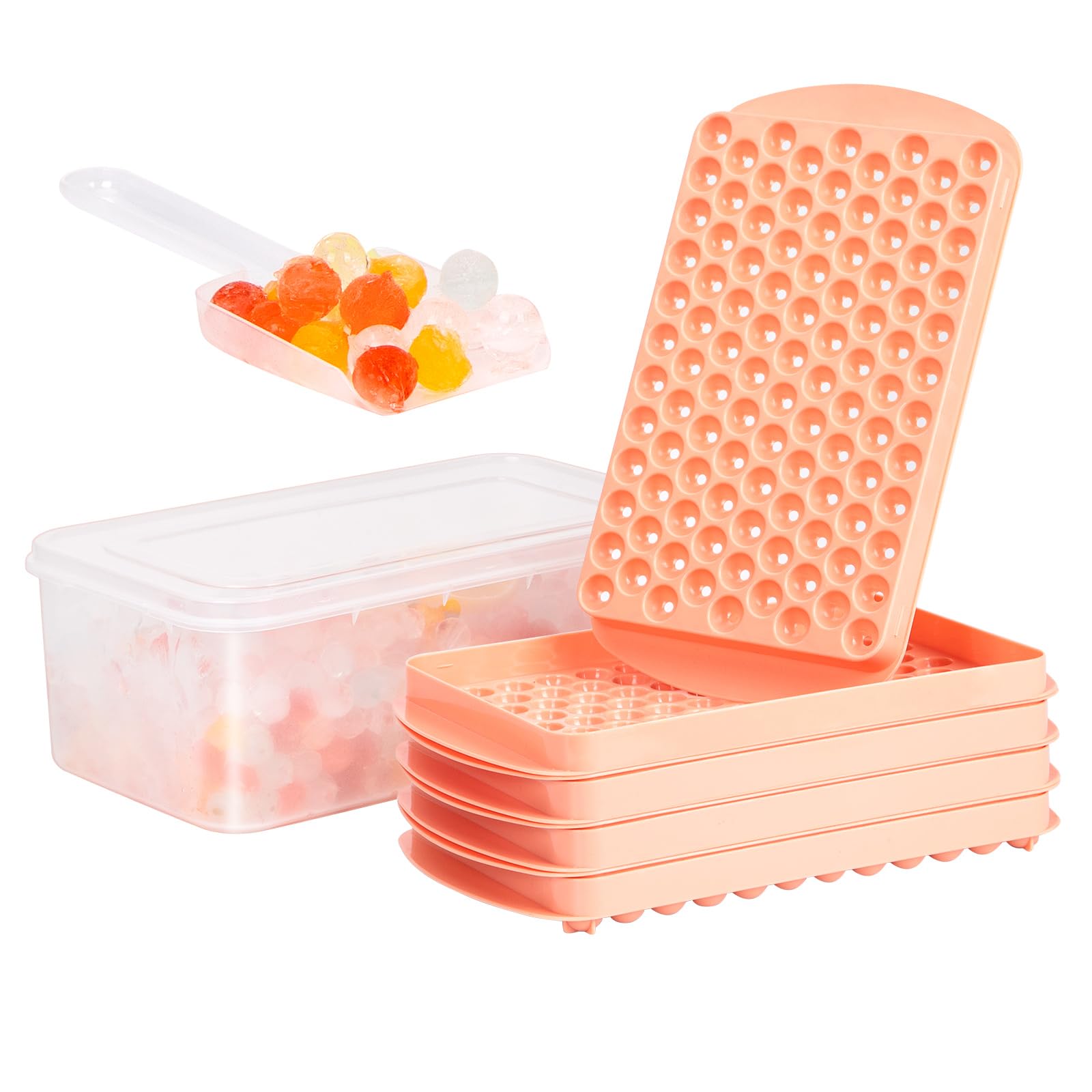 Mini Ice Cube Trays for Freezer,104x4 PCS Round Ice Cube Mold with Lid and Bin for Chilling Drinks,Easy Release Nugget Ice Tray （4Pack Pink Ice Trays& Ice Scoop）