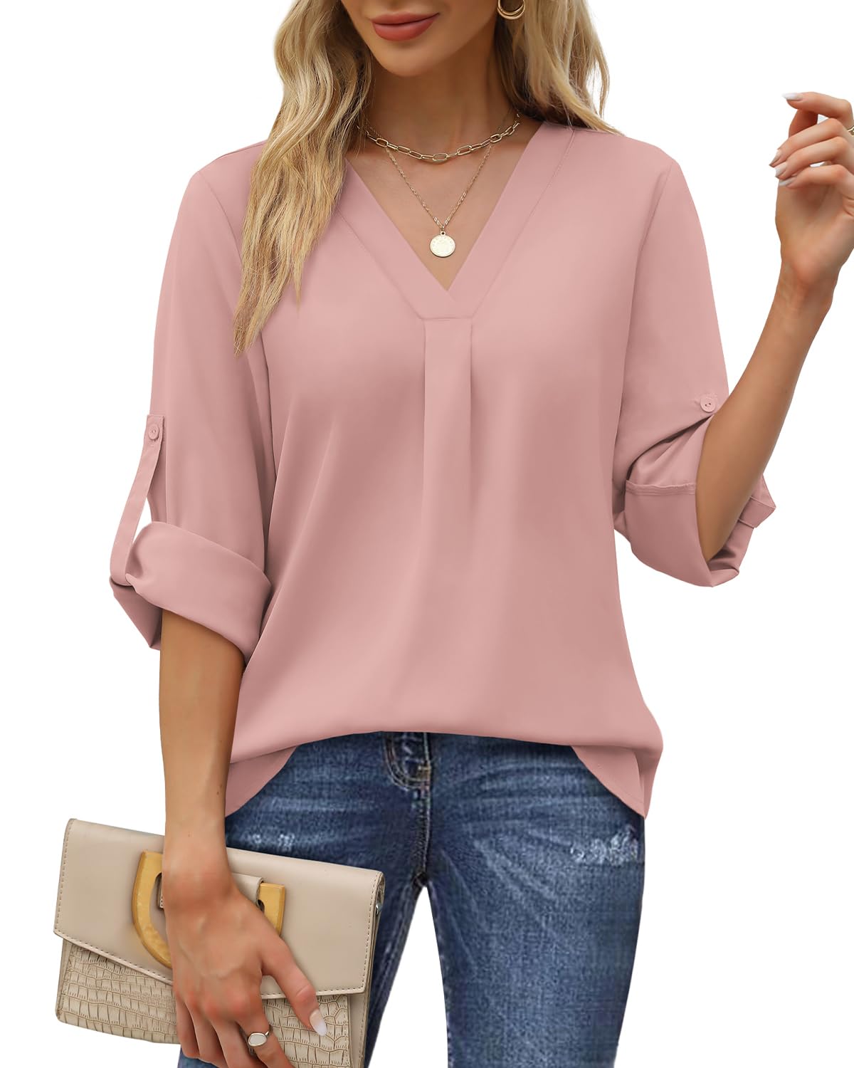 Aokosor Blouse for Women UK Ladies Long Sleeve Top V Neck 3/4 Sleeves Pleated Chiffon Tunic Tops
