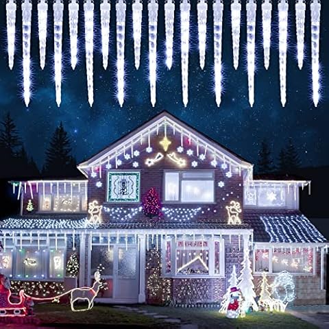 Joomer 13FT 320 LED Meteor Shower Christmas Lights - 20 Connectable Dripping Icicle Lights for Outdoor Home Xmas Decoration, Timer and Waterproof - White Cover