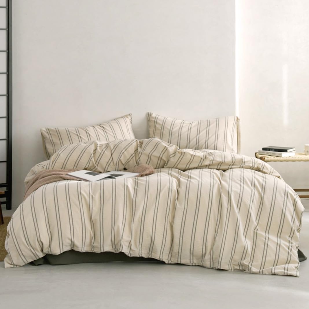 Striped Duvet Cover Set Washed Cotton,Full(80"x90"),Greyish-green/Beige