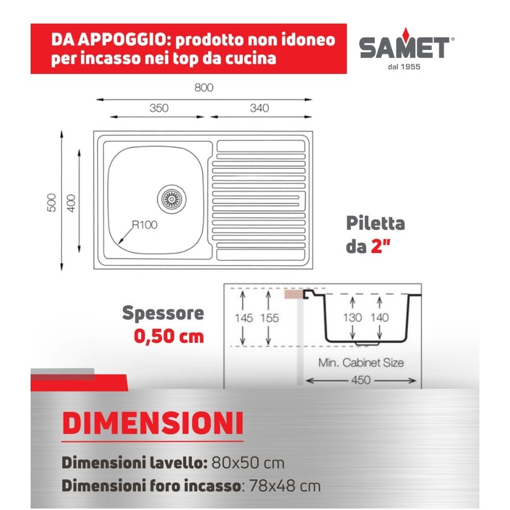 Lavello appoggio acciaio inox 80x50 cm una vasca e gocciolatoio sinistro SA216