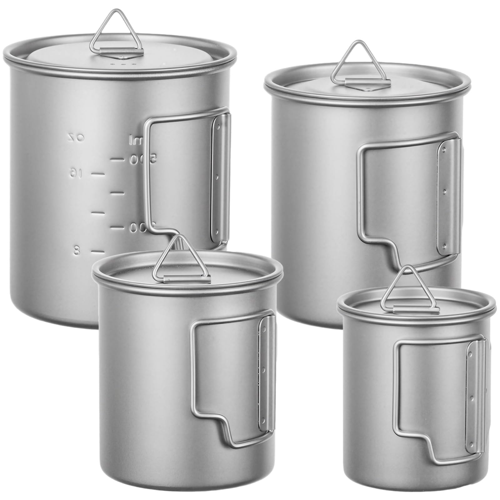 Lot de 4 mugs de camping en titane pur, gobelets à double paroi avec couvercles, 200 ml, 300 ml, 450 ml et 750 ml, légers, empilables et portables, pour randonnée, backpacking et voyage