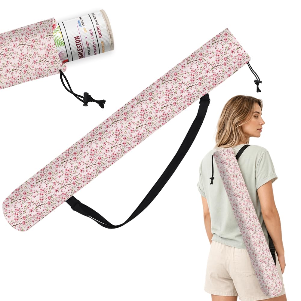 FINGERINSPIRE Mahjong Mat Holder Bag with Strap 91x15cm Canvas Yoga Mat Bag with Adjustable Strap Pink Floral Branches Print Drawstring Carrier Bag Outdoor Travel Canvas Storage for Mahjong Yoga Mats