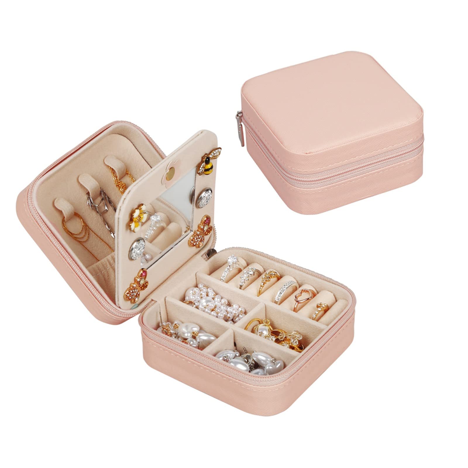 LTDD Travel Jewellery Box Organizer with Cosmetic Mirror, Portable Jewelry Storage Box Small Faux Leather Storage Jewelry Case for Necklace Earrings Rings Bracelets