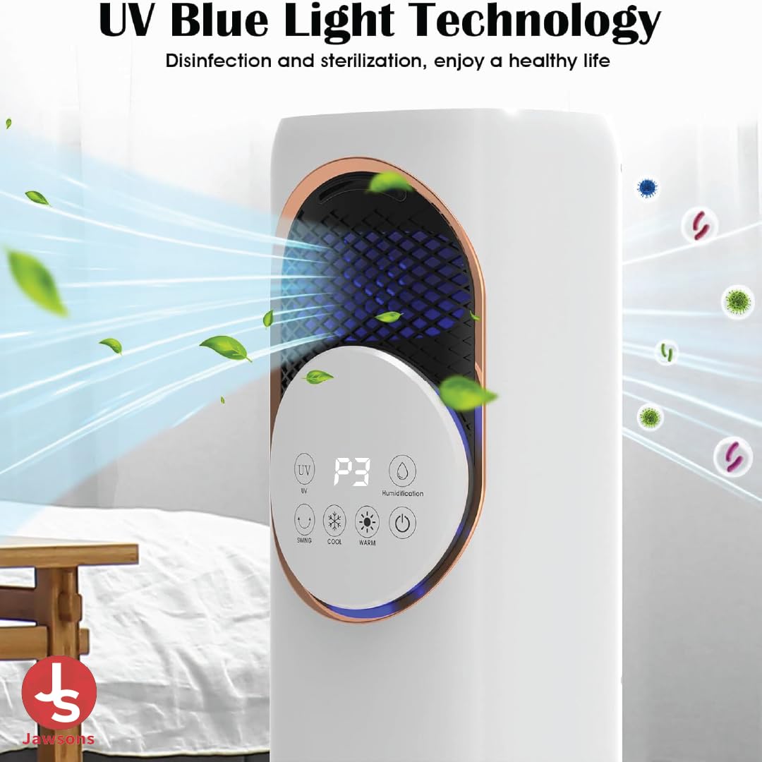 Jawsons™ 4-in-1 Oscillating Tower Fan with Heater, Humidifier & Cooler | 120° Oscillation, 4L Water Tank, 3 Cooling Speeds, 2 Heating Levels, 9-Hour Timer & Remote Control | All-Season Comfort 3