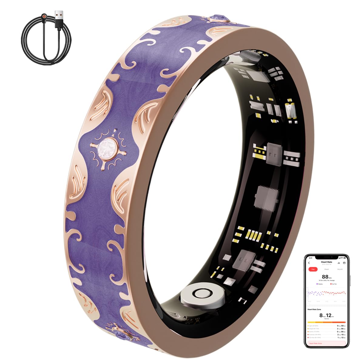 Anillo inteligente de salud para mujer, sin tarifa de suscripción, rastreador de fitness de salud con frecuencia cardíaca, sueño, oxígeno en sangre, IP68 impermeable, 128 deportes, fotografía