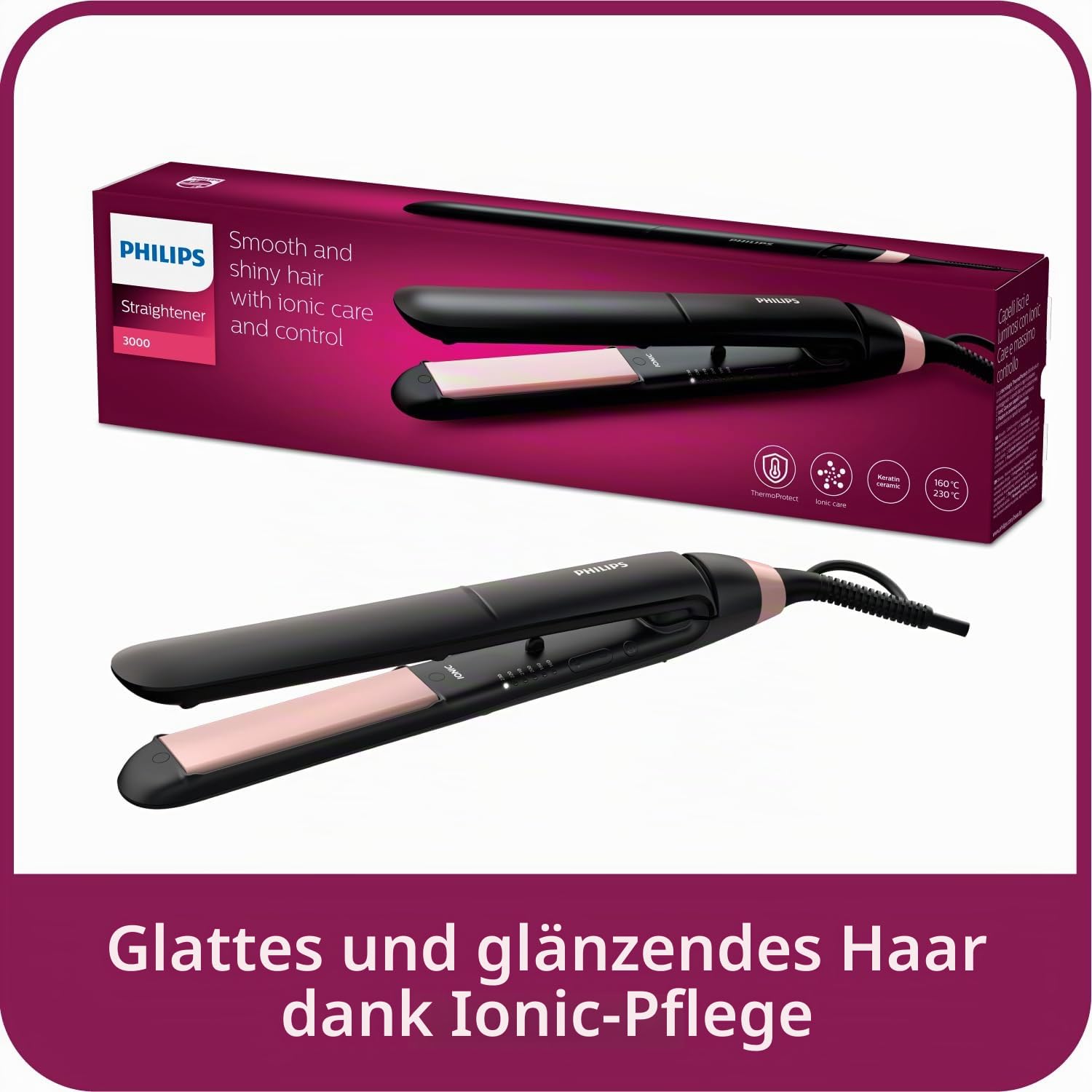 Philips ThermoProtect Haarglätter - Weiches, glänzendes Haar dank Ionisierungsfunktion, ThermoProtect-Technologie (Modell BHS378/00)