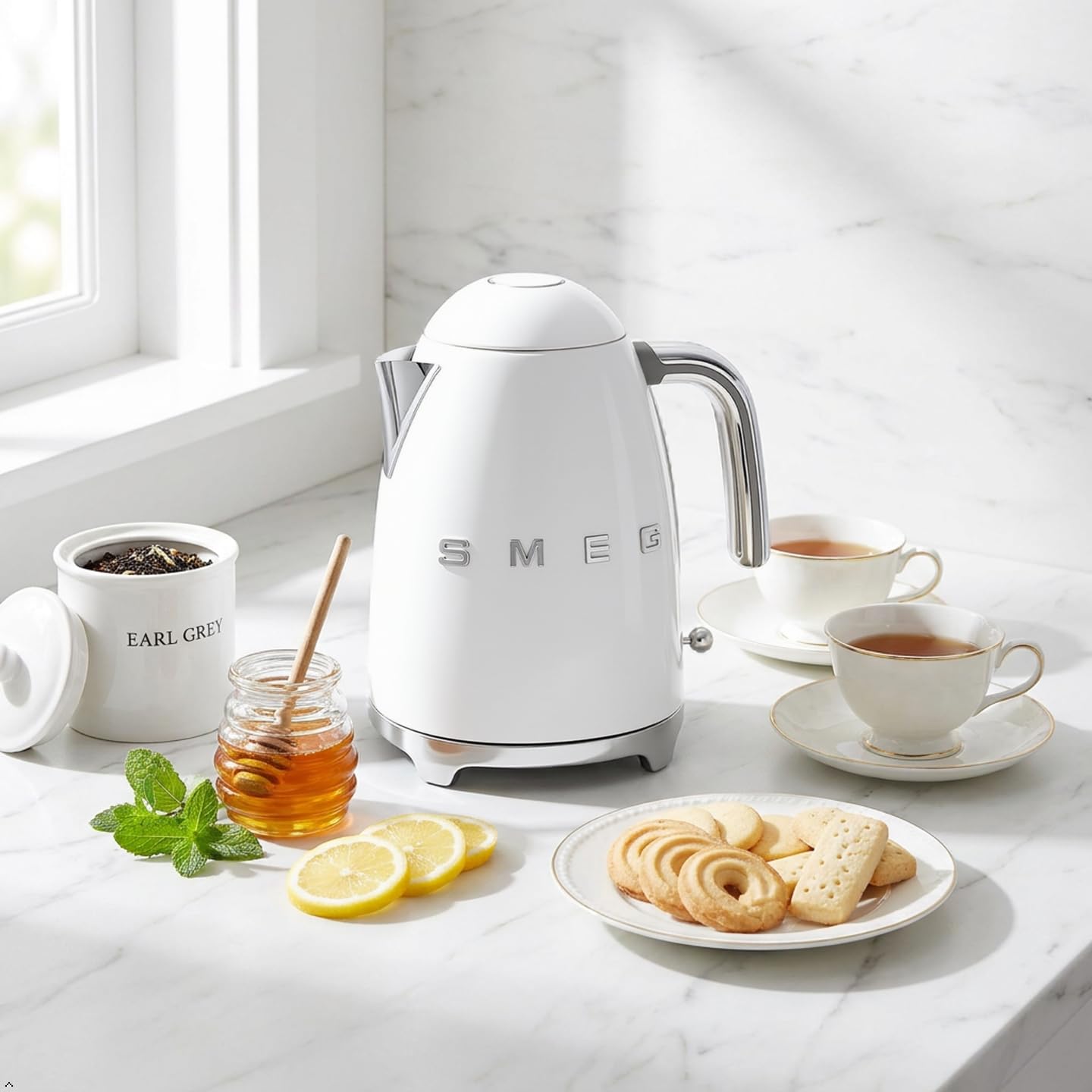SMEG KLF03 Electric Kettle 1.7L (7 Cup), Retro Hot Water Boiler for Tea & Coffee, Fast Boiling, Auto Shut-Off, Soft Open Lid, 360° Swivel Base Countertop Kettle – White