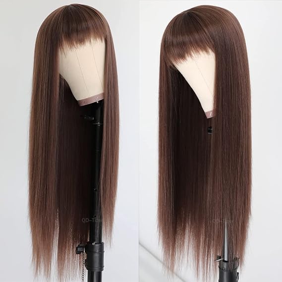 QD-Tizer Long Straight Hair Brown Wigs with Bangs Heat Resistant Hair Synthetic No Lace Wigs for Fashion Women