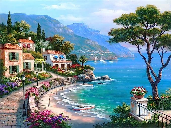 Image of Trexee DIY Oil Number Pre-Printed Textured Canvas with Painiting Brush Acrylic Easy Hobby Non Toxic Pigment Paint 16X20 inch for Adults Beginner Kids Gift Home Wall Decor Without Frame (Mediterranean)
