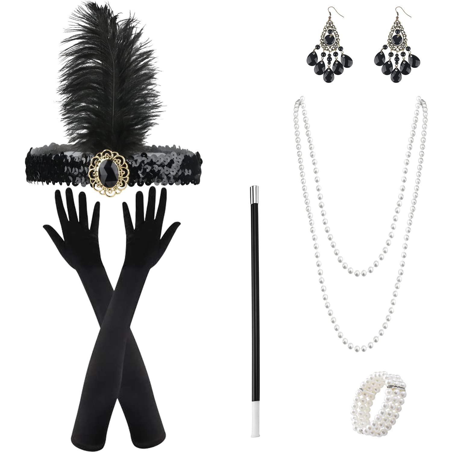 Prmape 8 Piezas 1920s Set de Accesorios Disfraz, Accesorios de los Años 20, Great Gatsby Accesorios, Vintage Guantes Largos de satén Collar de Perlas Soporte Largo para Mujeres Women