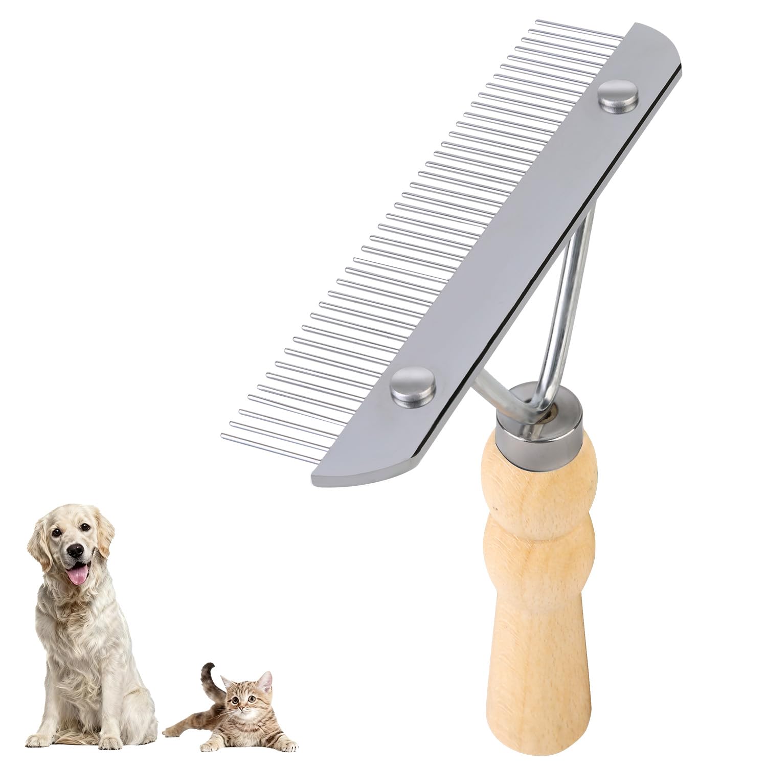 Ordermore Long Tooth Undercoat Dog Rake,Anti-Slip Wood Handle Grooming Rake,Steel Comb for Long Hair Pet