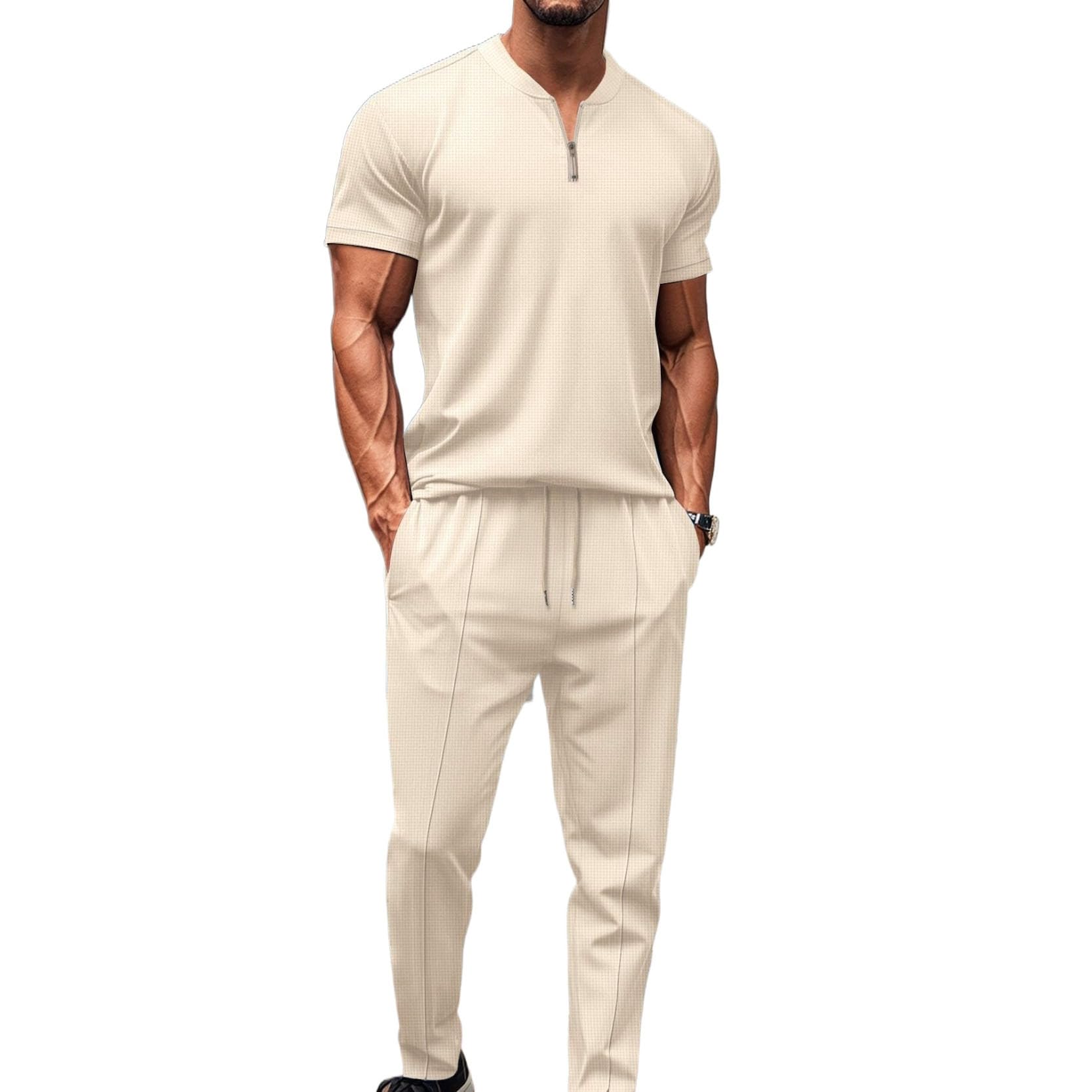 MSIYOW Chándal Deportivo para Hombre Camiseta de Manga Corta con Cremallera y Pantalones Largos Conjunto Deportivo Hombre Verano - 2