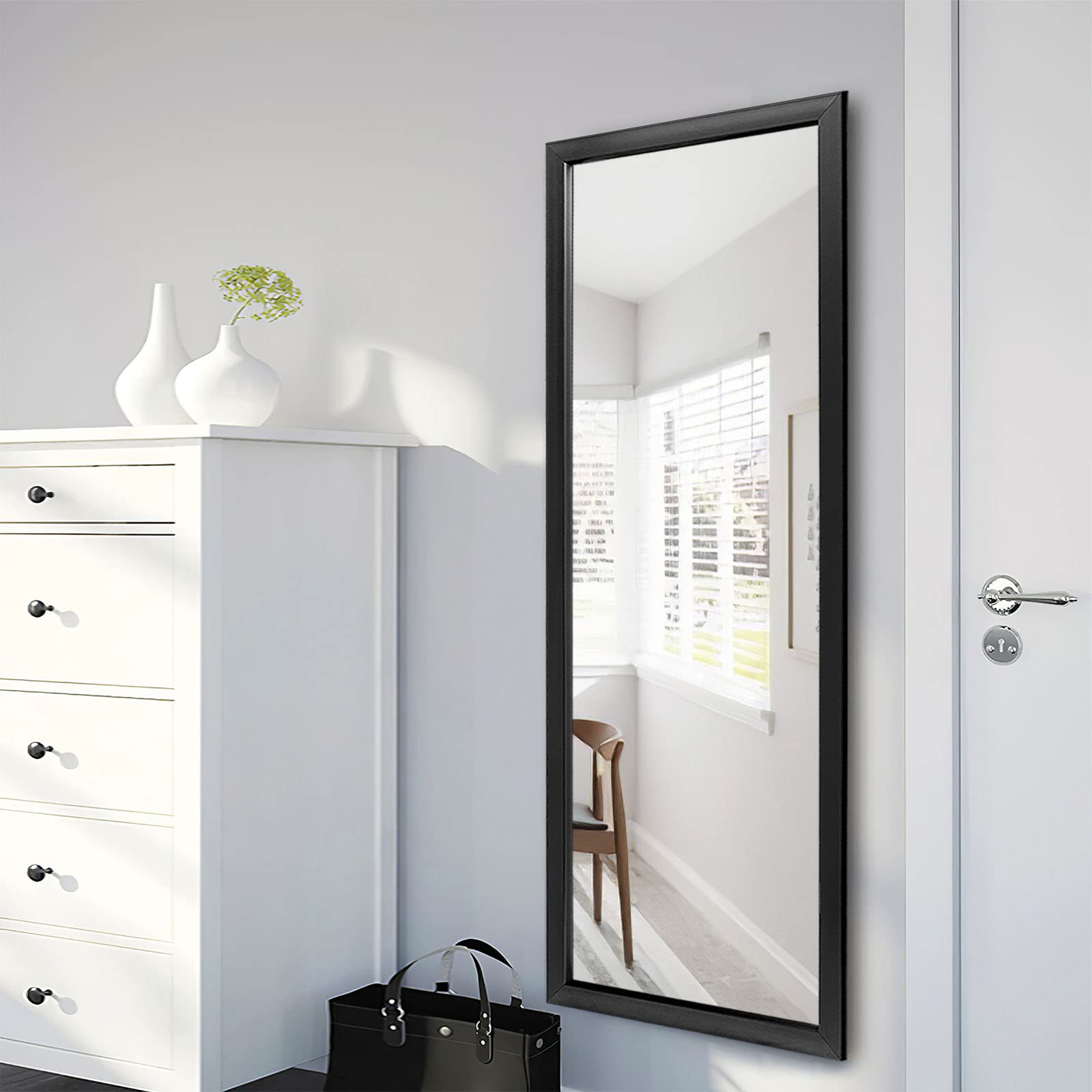 PexFix Full Length Floor Mirror Floor Stand up or Wall Mounted Mirror Mirror Full Length with Thin Frame Mirror,Black,44''×16‘’