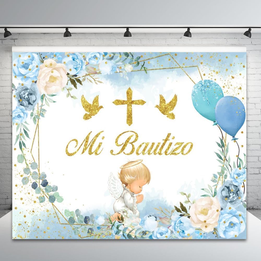 Mi Bautizo Baptism Backdrop 10x8ft First Holy Communion Christening Decorations Blue Flower Cute Angel God Bless Background for Boy Vinyl Mi Primera Comunion Banner Photo Shoot Props