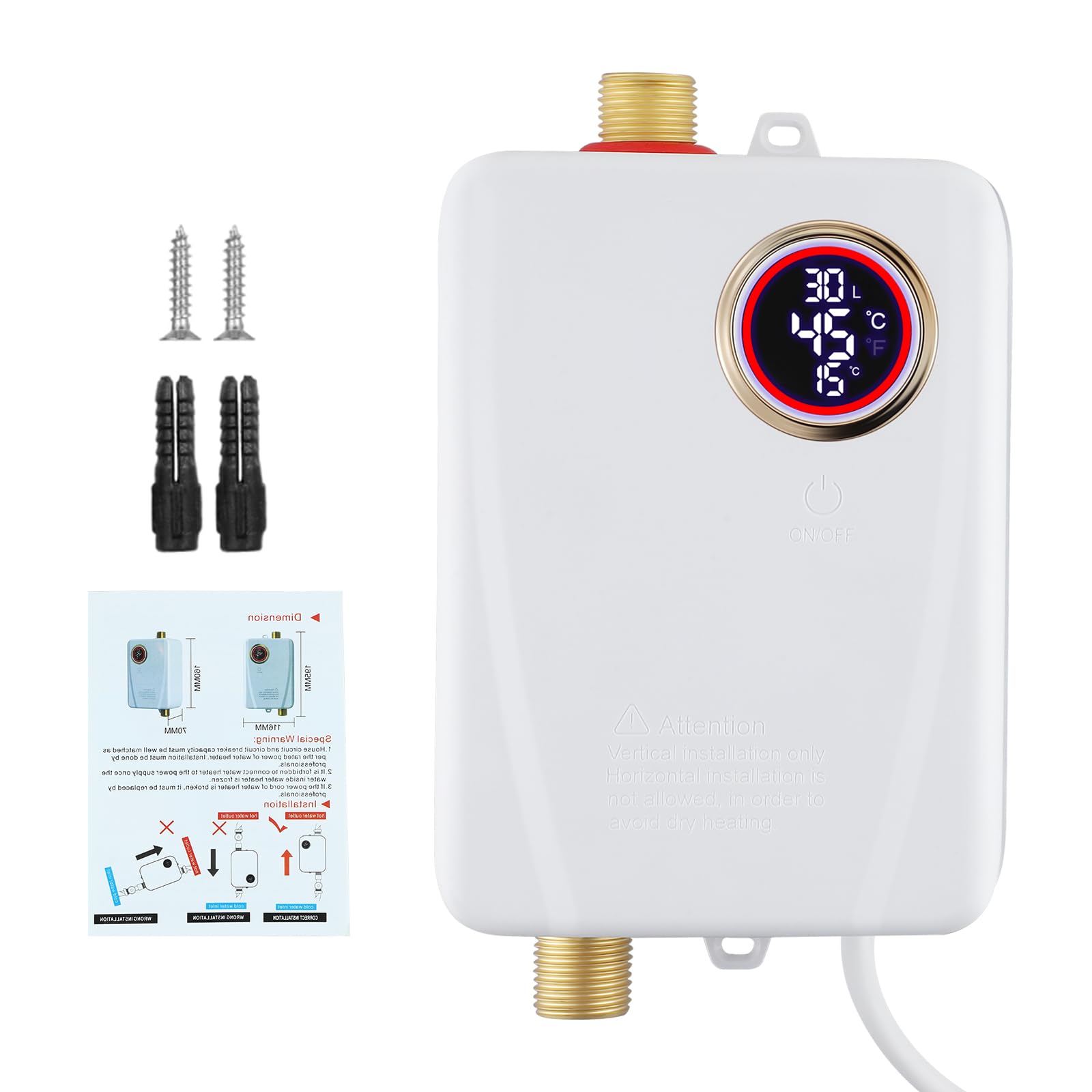 Mini chauffe-eau instantané 3500 W 220 V - Chauffe-eau électrique sous évier avec affichage de la température LCD - Chauffe-eau instantané à régulation électronique pour douche, salle de bain, cuisine