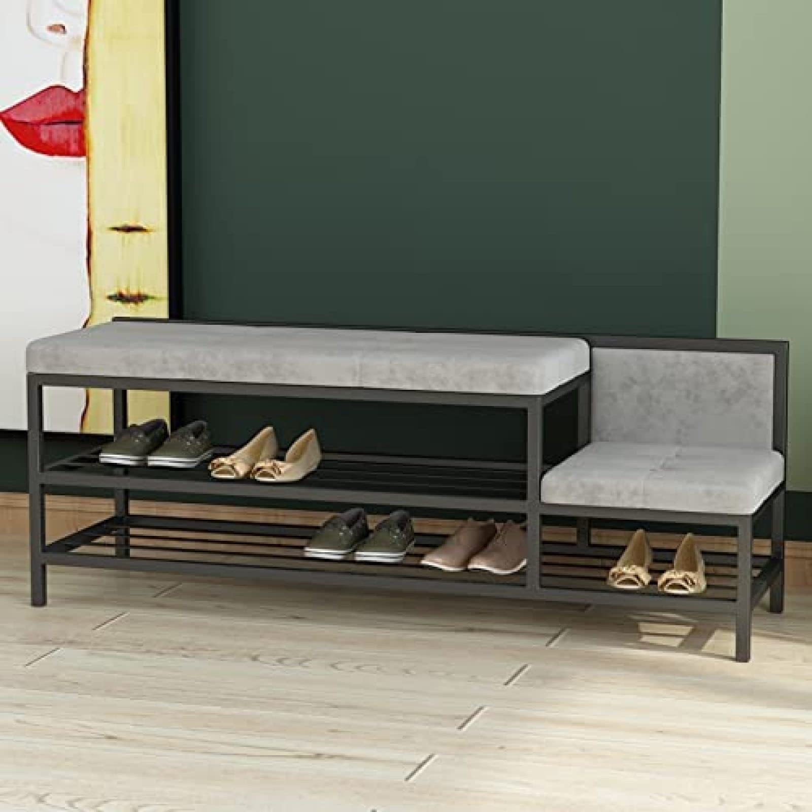 Banc à chaussures en velours noir 100cm avec étagère à 3 niveaux pour entrée