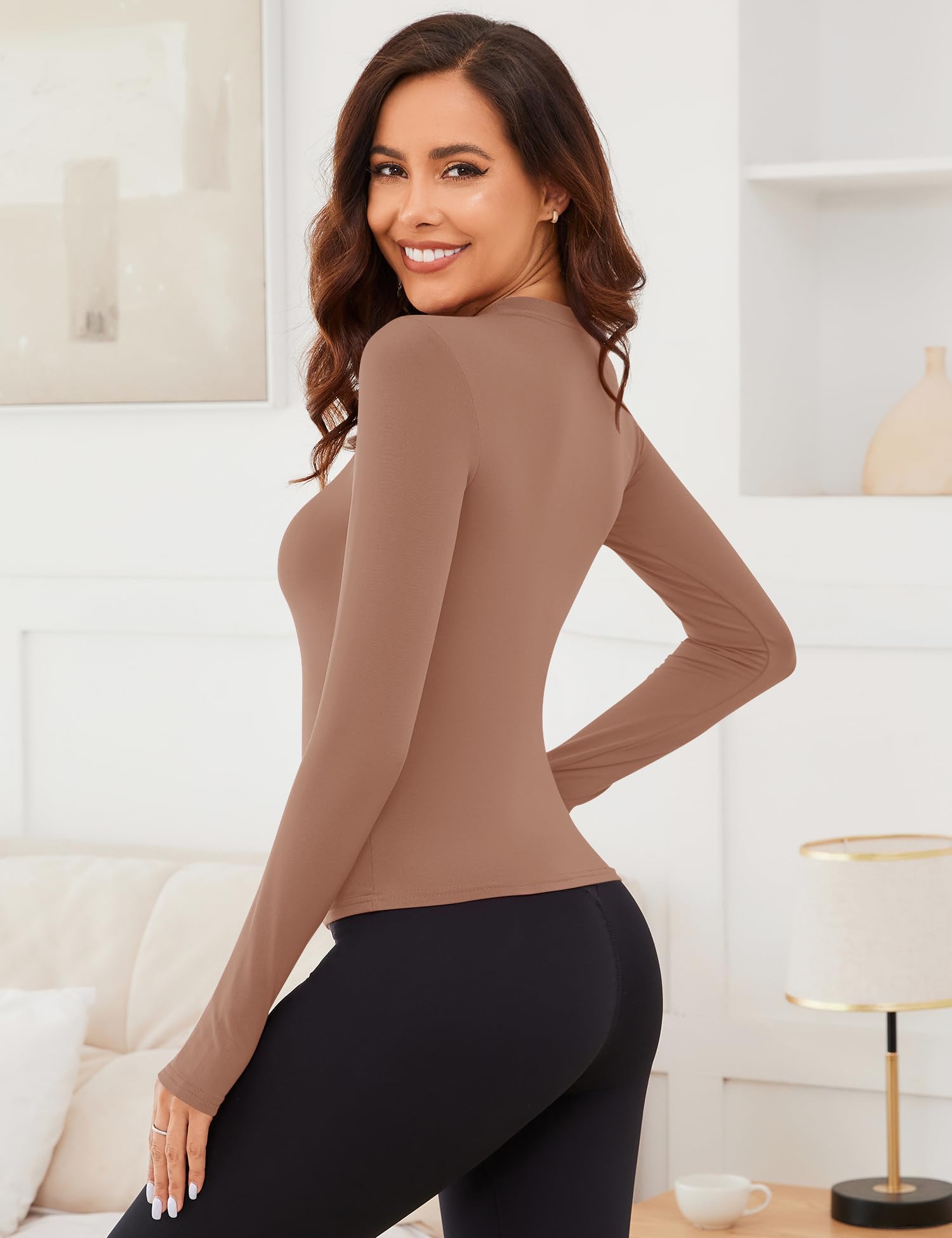 Rapbin Camisetas térmicas para mujer, manga larga, forro polar, para invierno, clima frío, con agujeros para el pulgar, XS-L