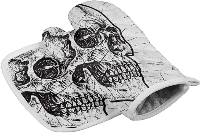 Sugar Skull Oven Mitts and Pot Holders with Soft Inner Lining Heat Resistant Kitchen Gloves, Waterproof Oven Mitt Set for 500 Degrees Skeleton Rustic Wooden Grain Black White