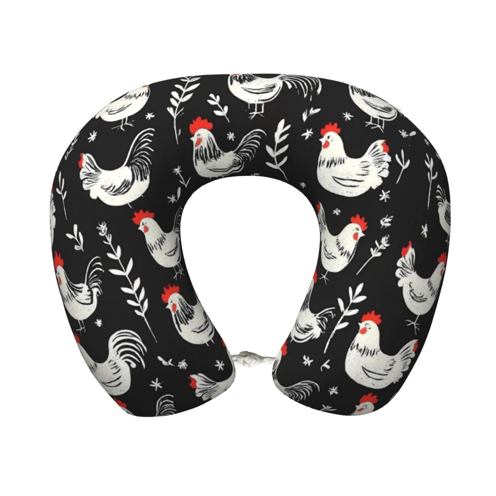 XingFox Laying Hens and Roosters Print Travel Pillow Memory Foam, Portable Neck Pillow for Airplane, Car and Office