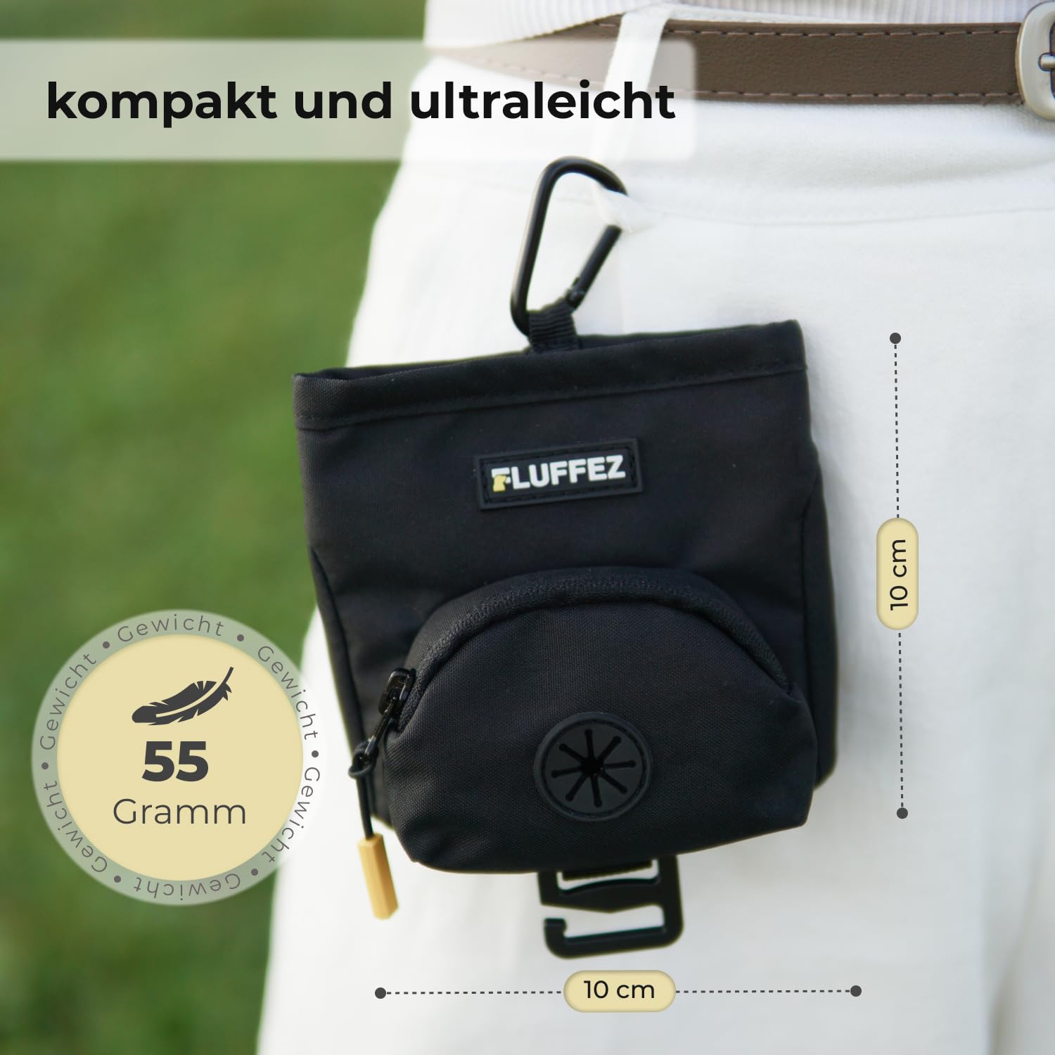 kleine Leckerlibeutel mit Kotbeutelspender – Magnetverschluss, Karabiner & Klett – kompakte Leckerlitasche für Hunde – Ideal für Hundetraining & Spaziergänge