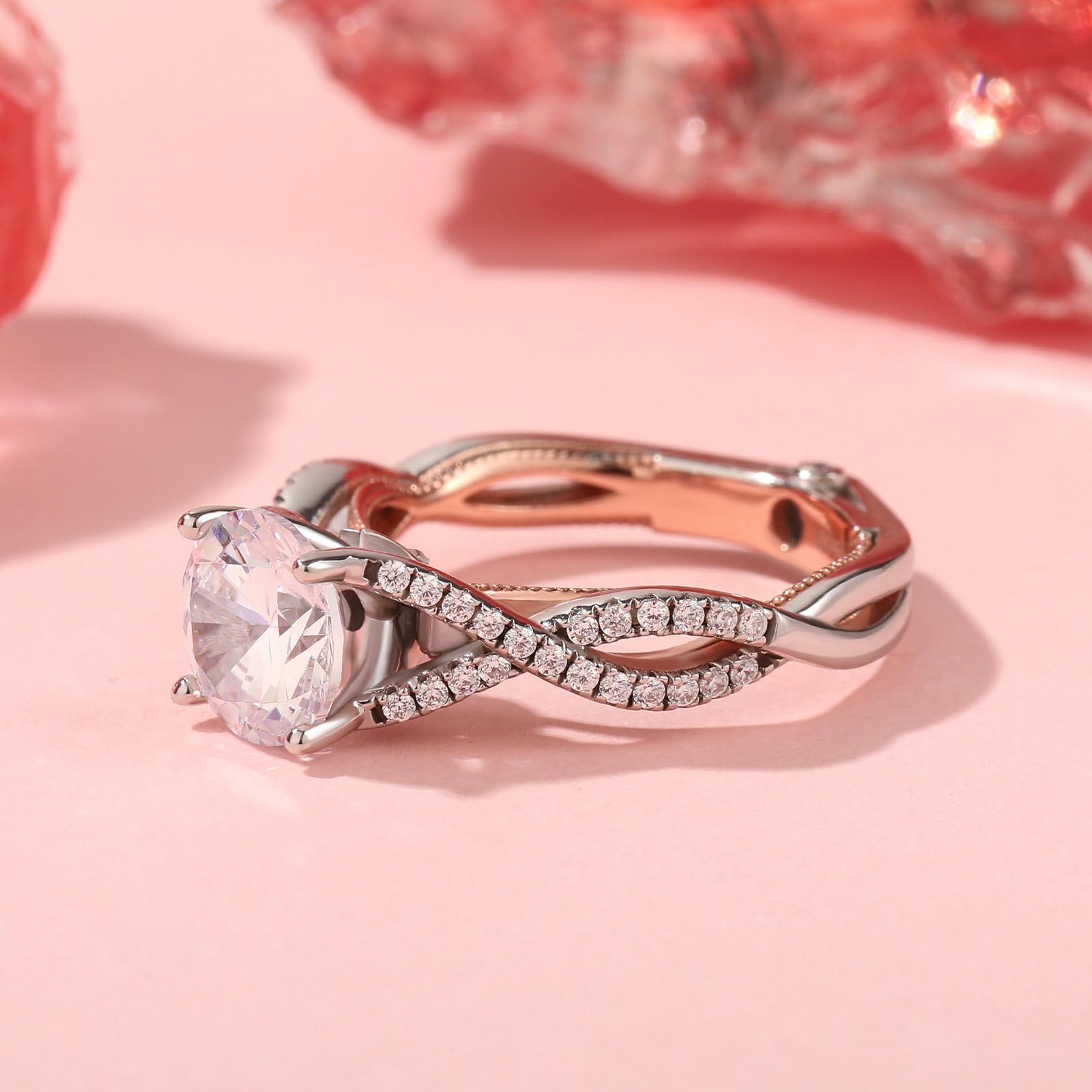 Jeulia Anillos de dos tonos de plata esterlina para mujer: Anillo de filas de torsión de eternidad de corte redondo Anillo de compromiso de promesa Anillo de compromiso de joyería de circonio cúbico