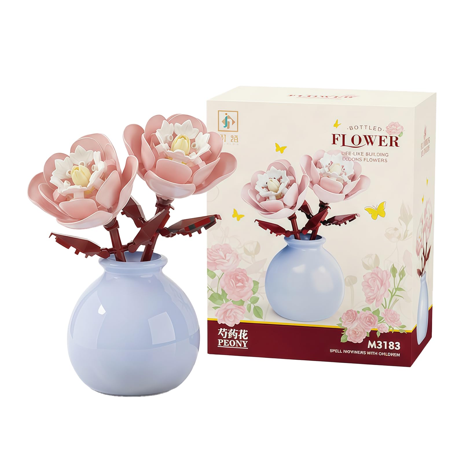 Flower Building Blocks with Vase, Mini Creative Bouquet Plants Building Blocks Flowerpot DIY Flowers Bouquet Building Set for Desk Decorations Birthday Gifts (Peony Flower)