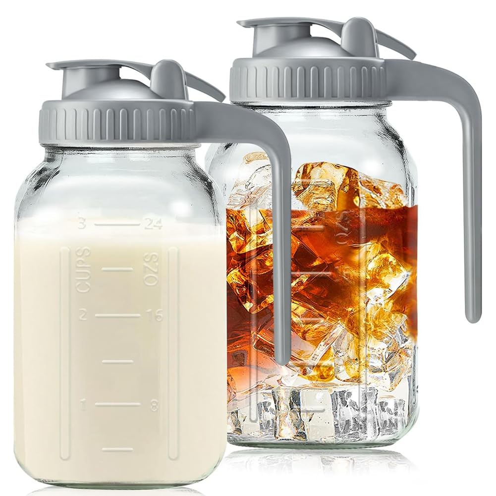 CTRLZS Glass Pitchers with Lid and Handle,32oz,Wide Mouth Leak-Proof Glass Water Pitcher, Creamer Container for Cold Brew 2Pcs