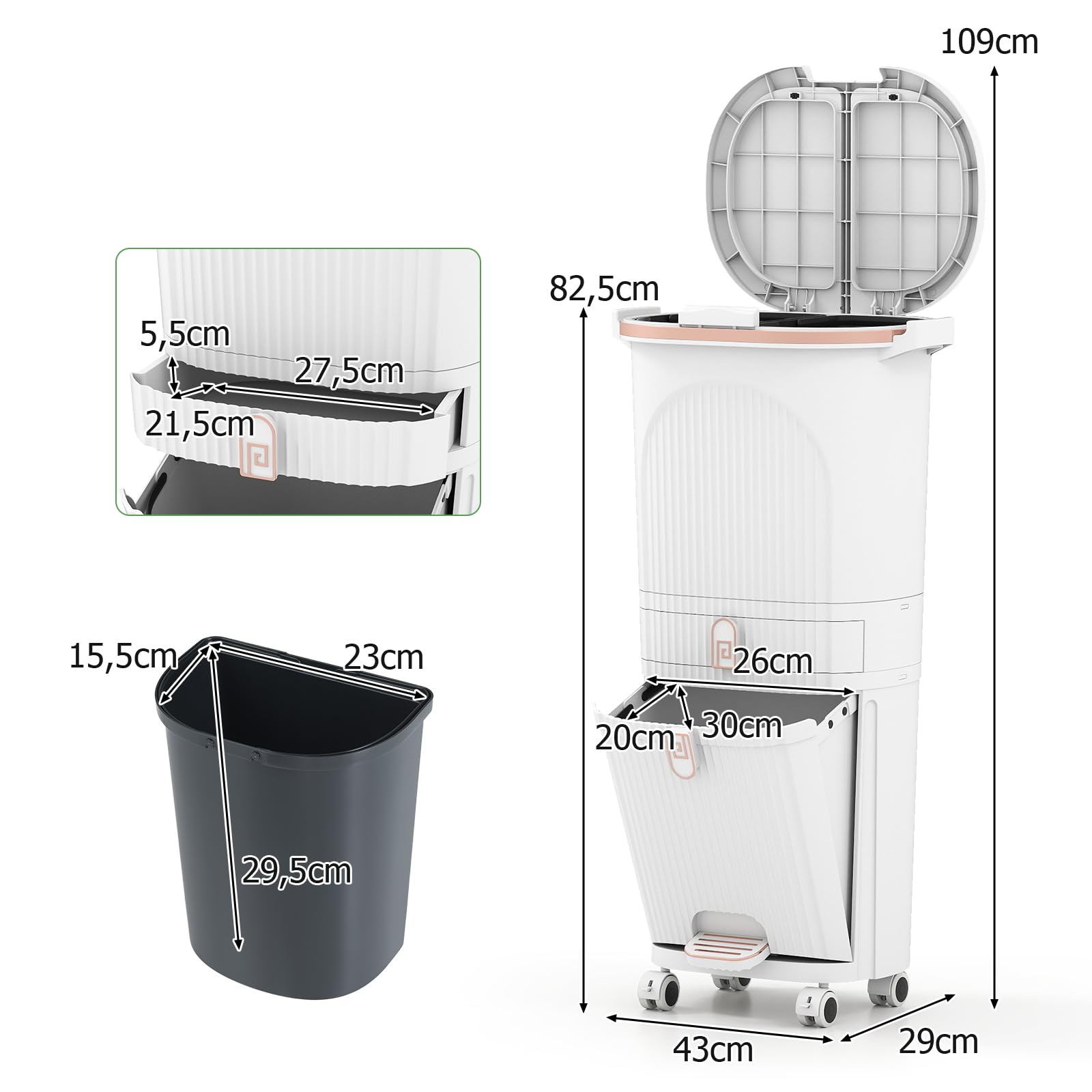 GIANTEX Pattumiera da Cucina 42 L, Pattumiera Verticale per il Riciclo con Ruote, 3 Contenitori Rimovibili, 1 Cassetto e Ganci, Contenitore in PP con Coperchi e Pedale, per Ufficio, Bagno (Bianco)