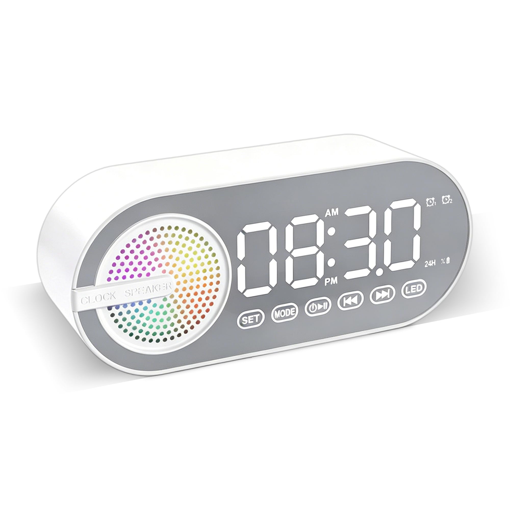 Winsegom Alarm Clock, Digital Alarm Clock with Light, White Alarm Clock Radio with Bluetooth Speakers, Bedside Clock with Led Display Dual Alarms Fm Radio Mirror Alarm Non Ticking