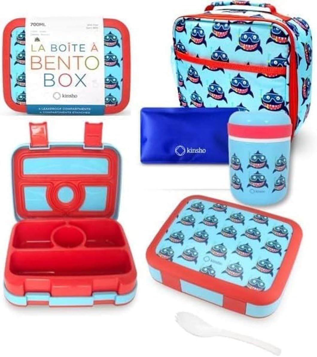 Bento Lunch Box with Thermo Set for Kids, 4 Compartment Bento-Box, Insulated Lunch Bag, Stainless Steel Food Jar, Baby Blue Shark