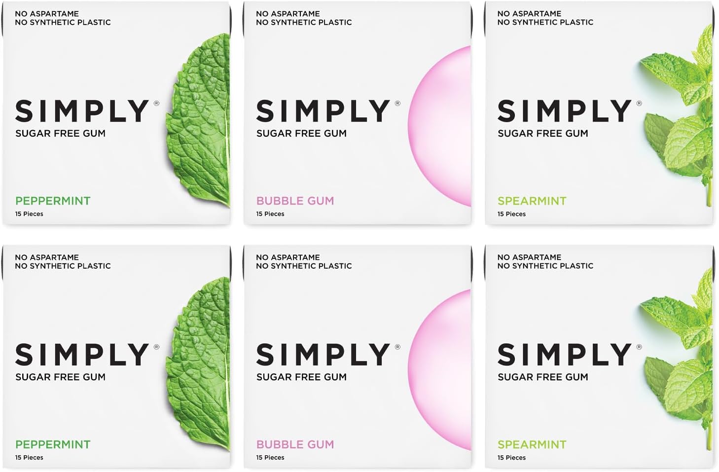 SIMPLY Gum | Dental Gum | Xylitol Chewing Gum- Sugar Free | Variety Pack- Bubblegum, Peppermint, Spearmint | Pack of Six (90 Pieces Total) | Synthetic Plastic Free + Sugar Free + Aspartame Free
