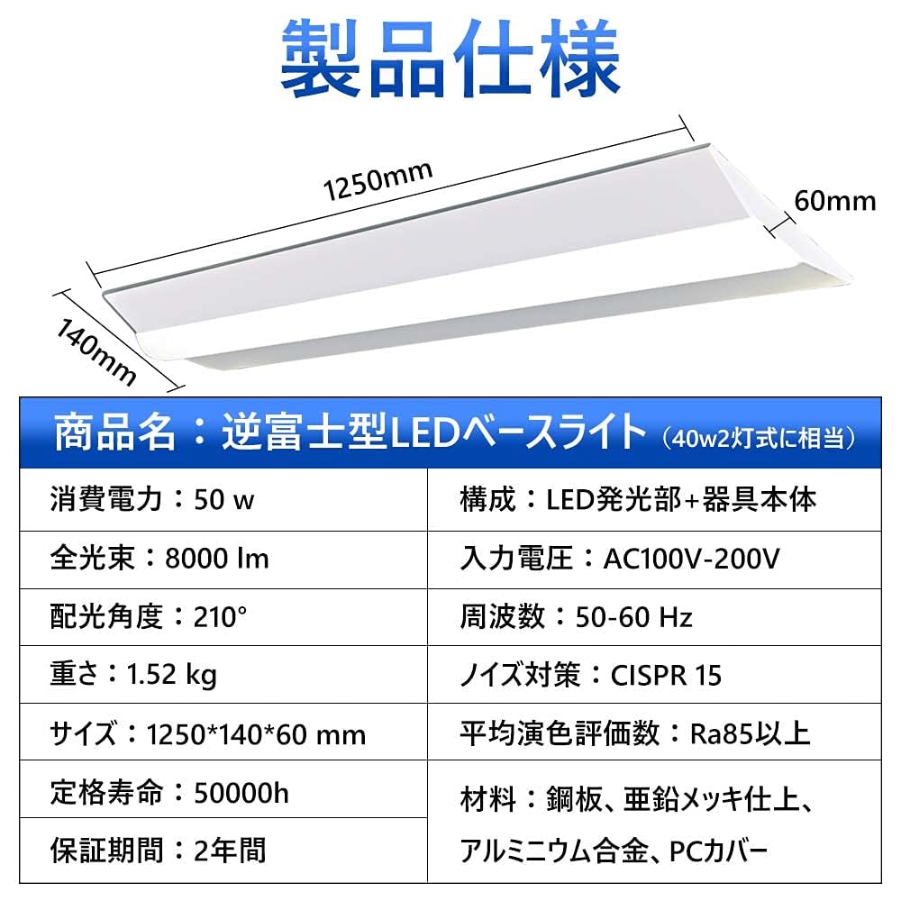 Amazon.co.jp : LEDベースライト 50w 8000lm 逆富士 led 40w 2灯に相当