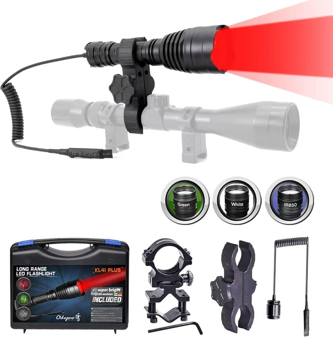 KL41 Plus LED Hunting Torch 384m Long Range, Rechargeable Torches with Red, Green, IR850, White, IP68 Flashlight with Remote Switch for Hunting, Outdoor, Camping, Hiking, Emergencies