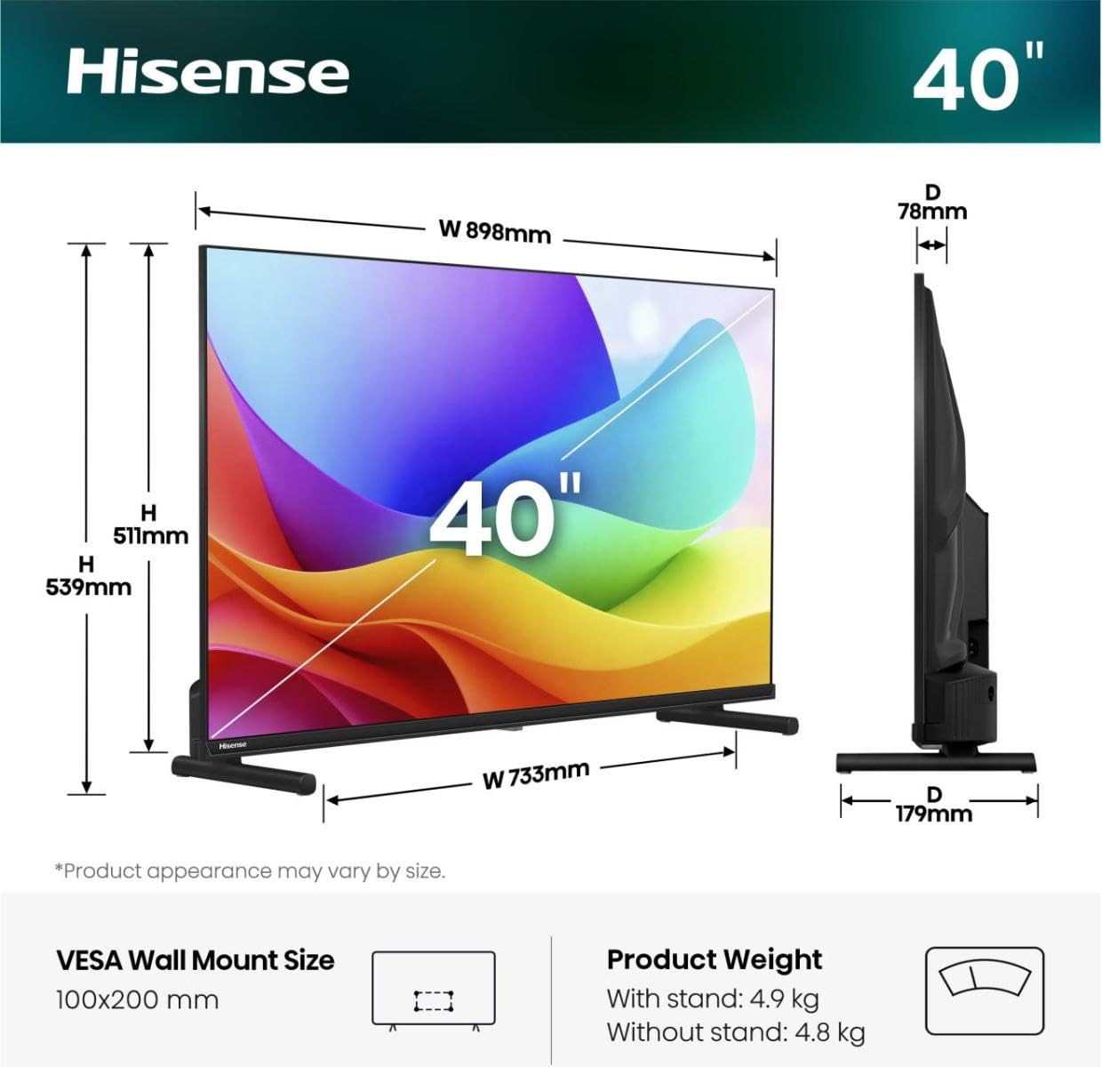 Hisense 40A59S - TV 40 Pollici, Smart TV 4K Full HD QLED DVB-T2 Nero Classe Energetica E