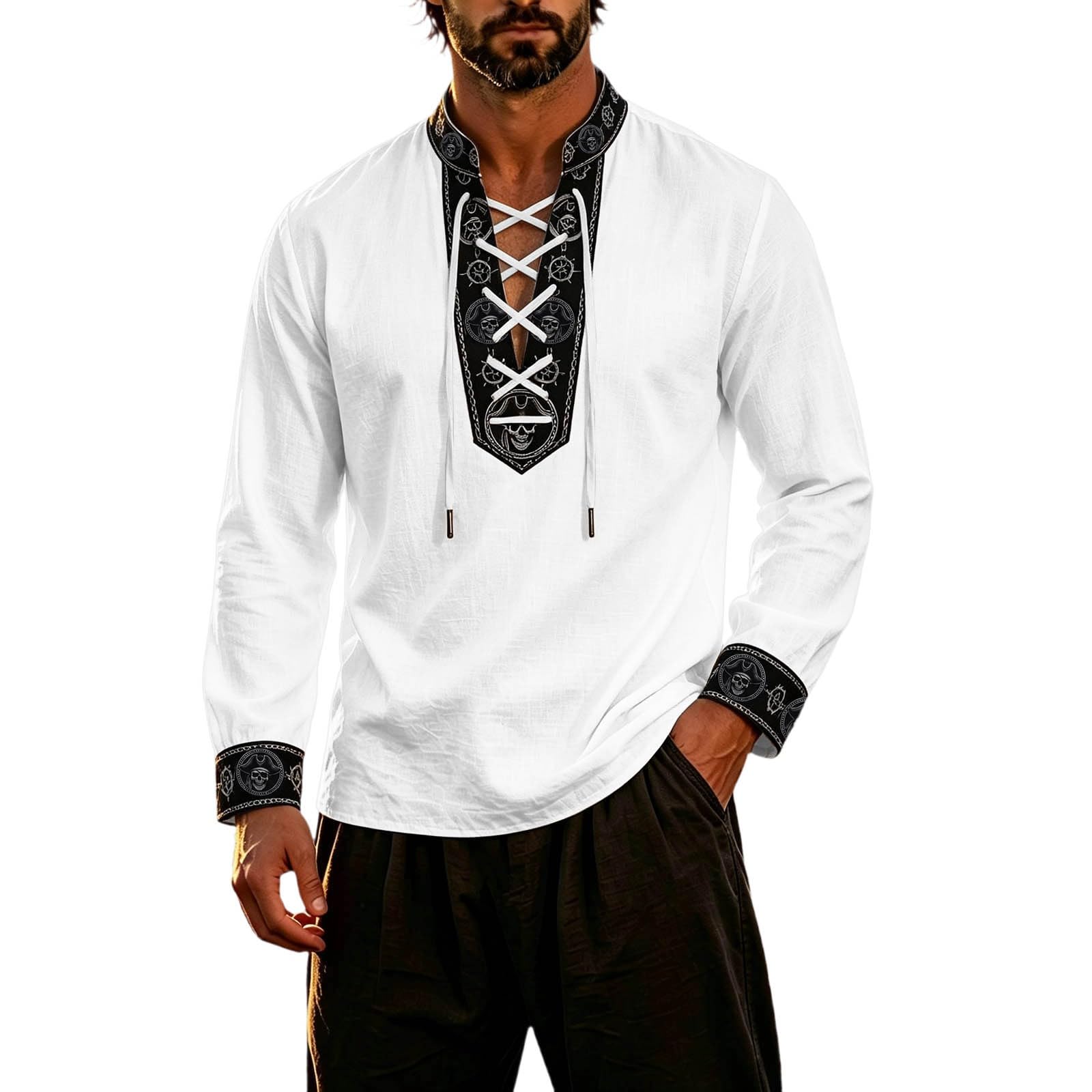 Classic Themed Men's Long Sleeve Shirt for Adventure Nautical Style Top with for Everyday Wear and Cosplay (a-White, XL) — image 1