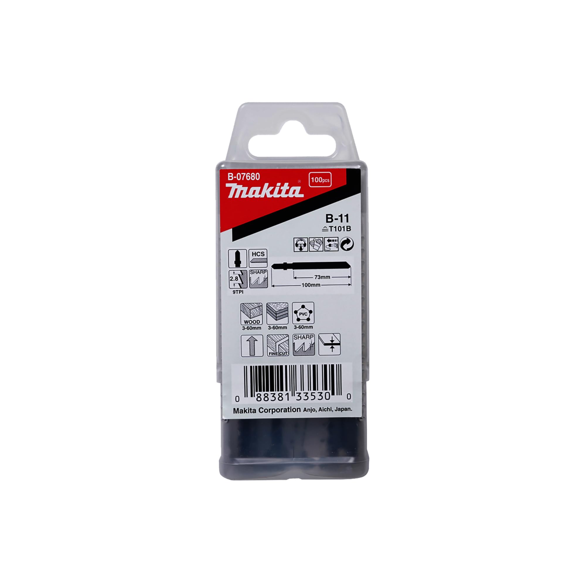 Makita B-07680 Brzeszczot do wyrzynarki B-11 HCS 100 sztuk, idealny do czystego cięcia drewna i tworzywa sztucznego, grubość materiału od 3 do 60 mm