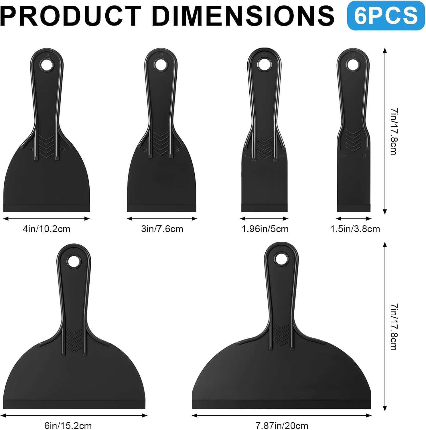 6 Pack Plastic Putty Knife Set, 6 Assorted Sizes 1.5" 2" 3" 4" 6" 8" Flexible Plastic Scraper Tools for Spackling, Drywall Repair, Patching, Caulking & Wallpaper Removal