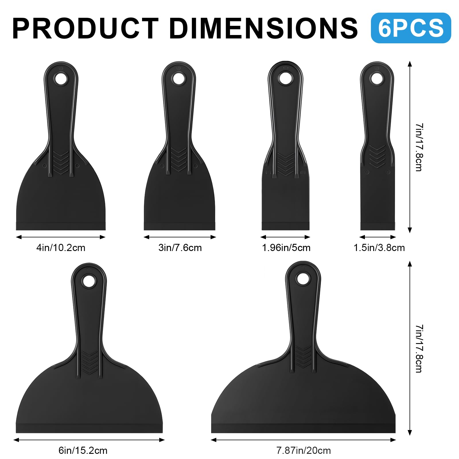 6 Pack Plastic Putty Knife Set, 6 Assorted Sizes 1.5" 2" 3" 4" 6" 8" Flexible Plastic Scraper Tools for Spackling, Drywall Repair, Patching, Caulking & Wallpaper Removal — Amazon image 4