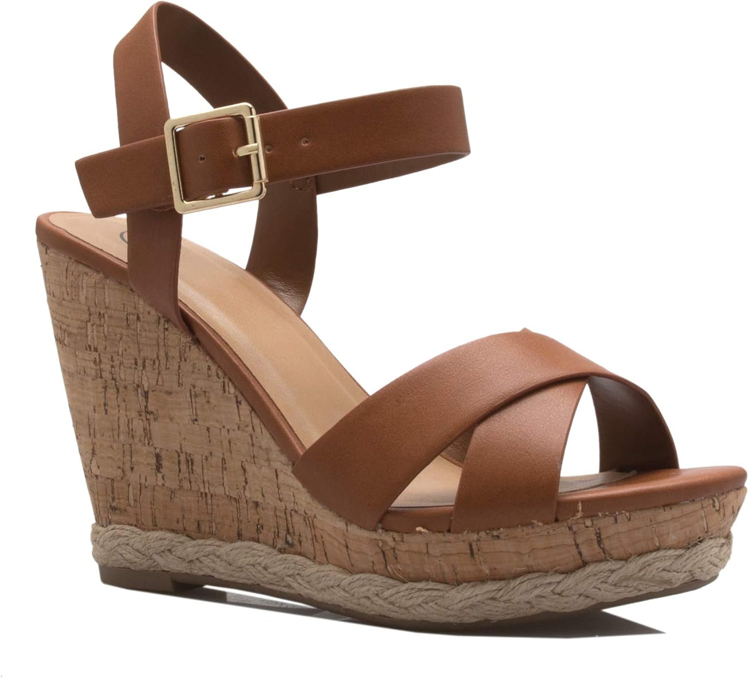 Olivia K Women's Open Toe T-Straps Strappy High Wedge Heel Wood Decoration Buckle Shoes Sandals