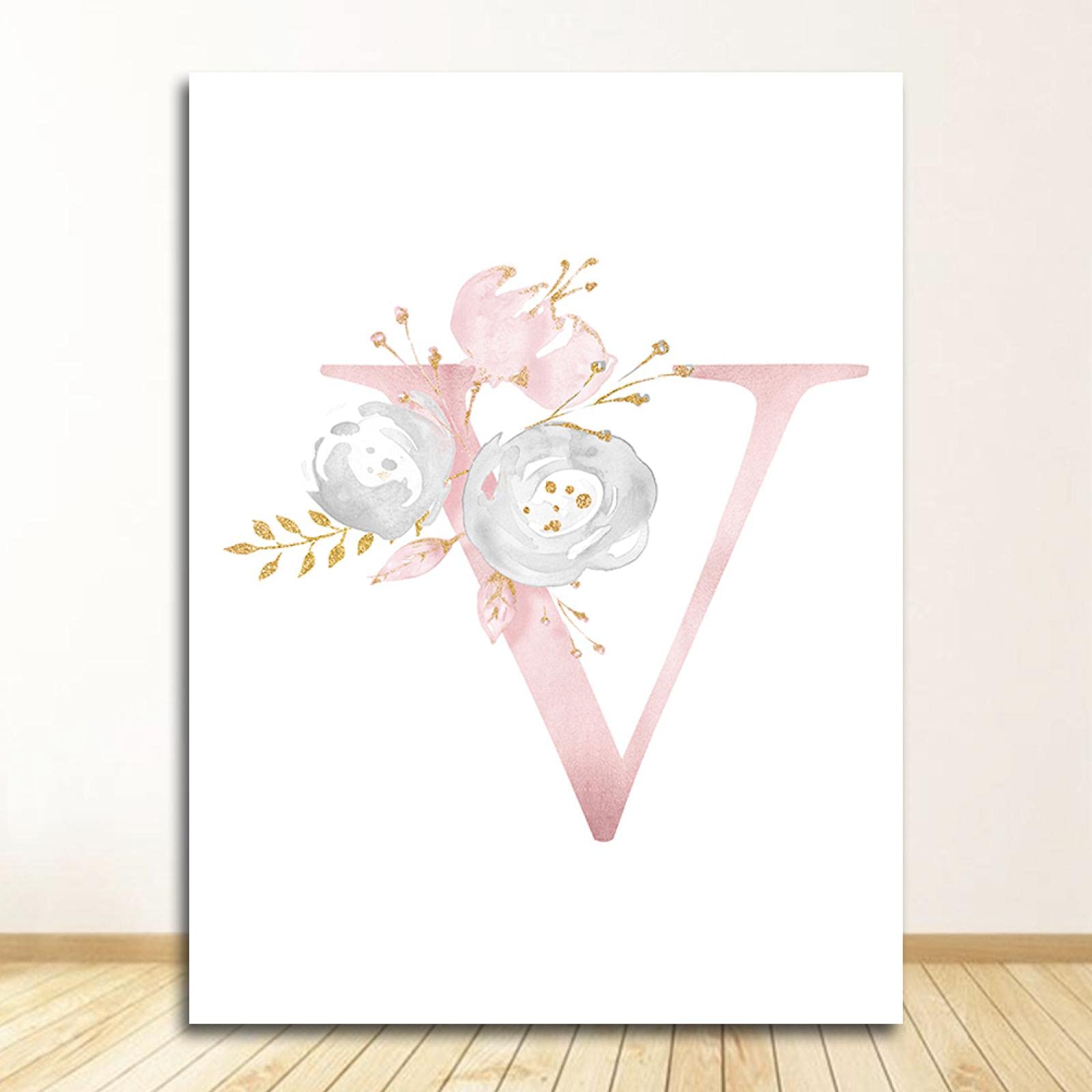 Carteles rosa con letra V en inglés, arte en lienzo, nombre de bebé, pintura personalizada, imágenes de flores, guardería, impresiones personalizadas, decoración de pared para habitación de niñas, 70
